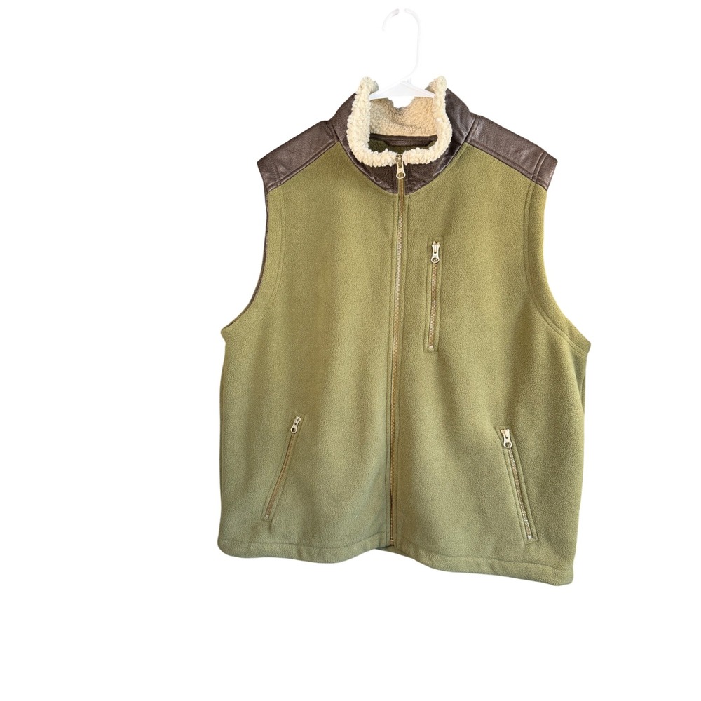 Orvis Mens Fleece Vest Olive Green Sherpa Collar Faux Leather Trim Large